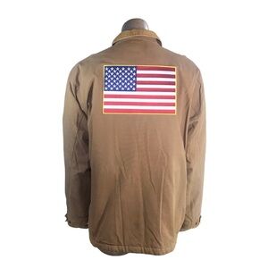 Mens Faded Glory XLT Canvas Work Jacket Lined Embroidered Patch USA Flag Tan